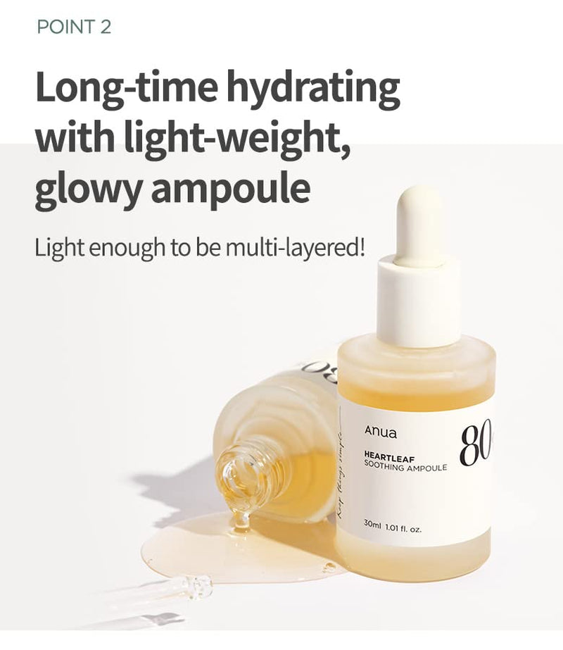 Heartleaf 80 Soothing Ampoule, Hydration Facial Serum for Glass Skin, Panthenol, Hyaluronic Acid, Non-Greasy, Gentle Formula, Lightweight Essence, Vegan, Korean Skin Care, 30Ml/1.01 Fl.Oz